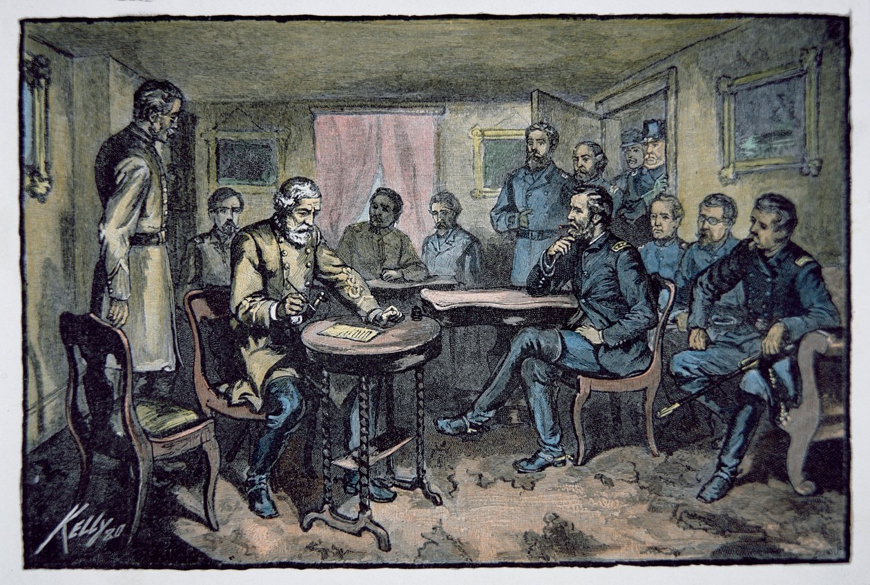 General Robert E. Lee (1807-70) overgiver sig til general Ulysses S. Grant (1822-85) ved Appomattox Courthouse, 9. april 1865 (farve litho) af American School