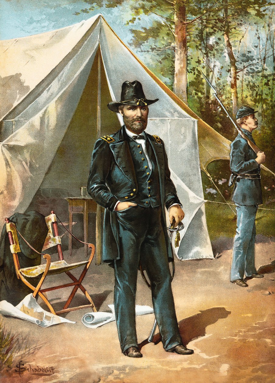 General Ulysses S Grant stående foran sit telt under den amerikanske borgerkrig, pub. 1892 af American School