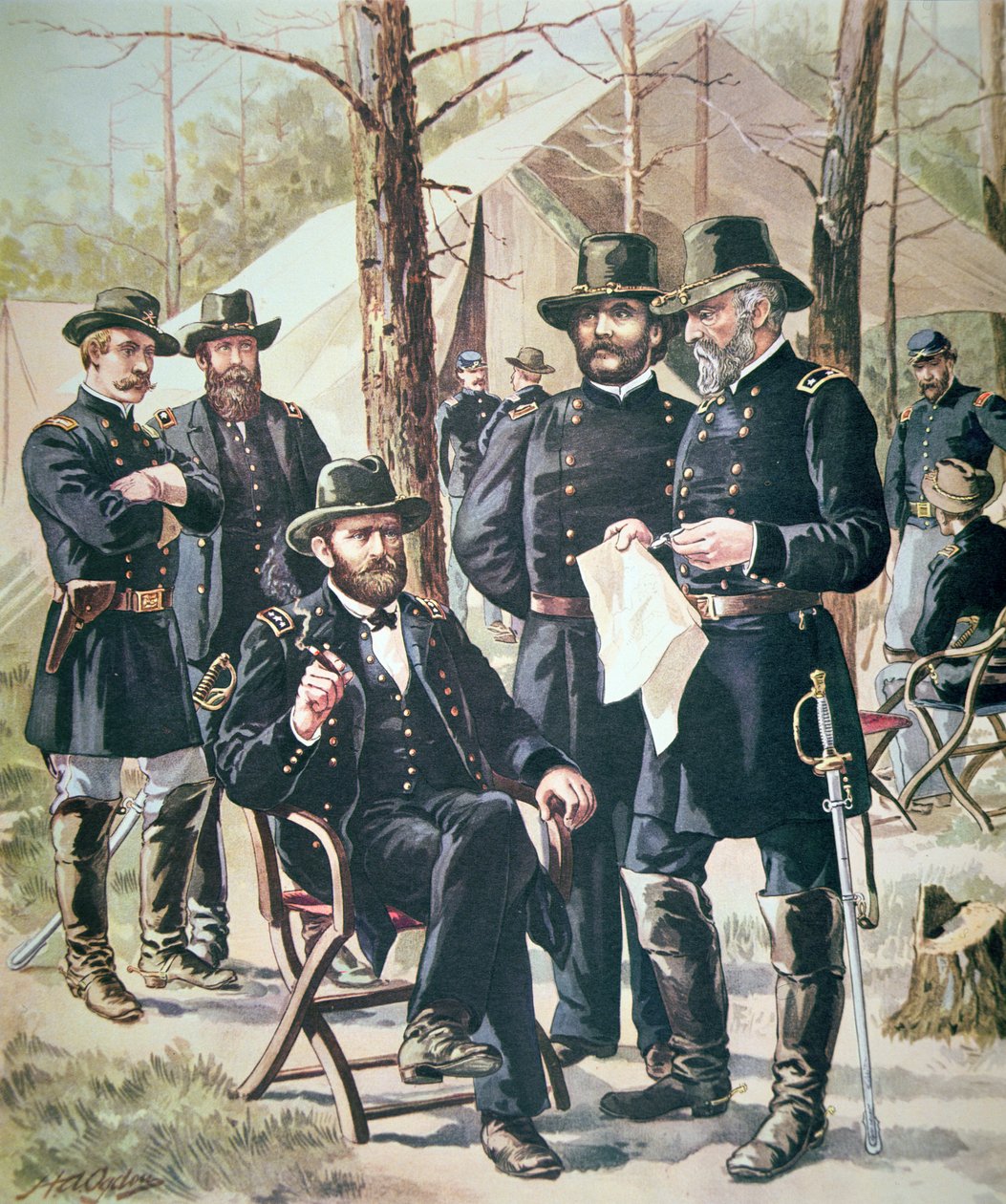 General Ulysses Simpson Grant, øverstbefalende for unionsstyrkerne i slaget ved Shiloh, 6.-7. april 1862 (farve litho) af American School