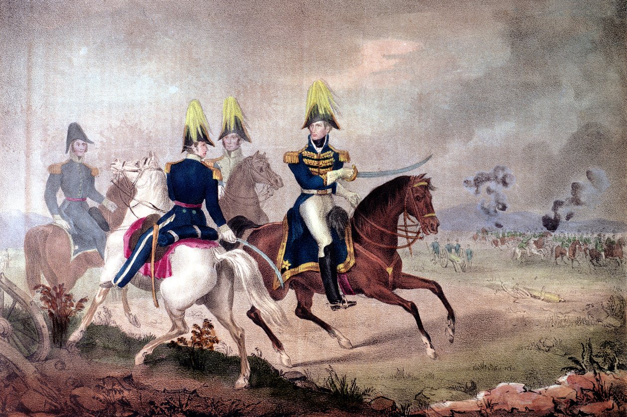 General William Henry Harrison (1773-1841) og stab ved slaget ved Themsen i 1813 af American School
