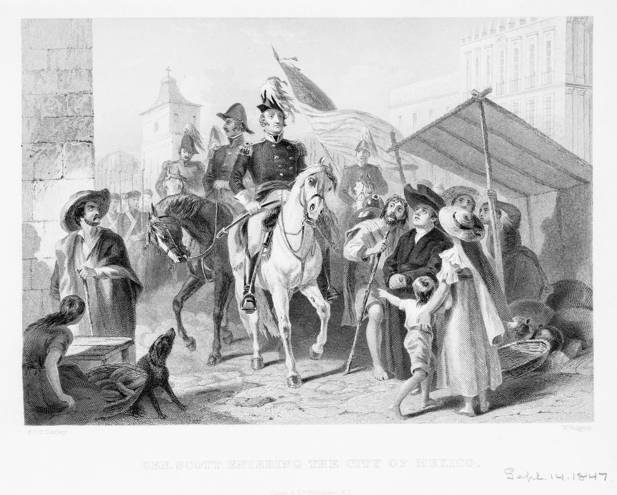 General Winfield Scott (1786-1866) på vej ind i byen Mexico, 1847 af American School