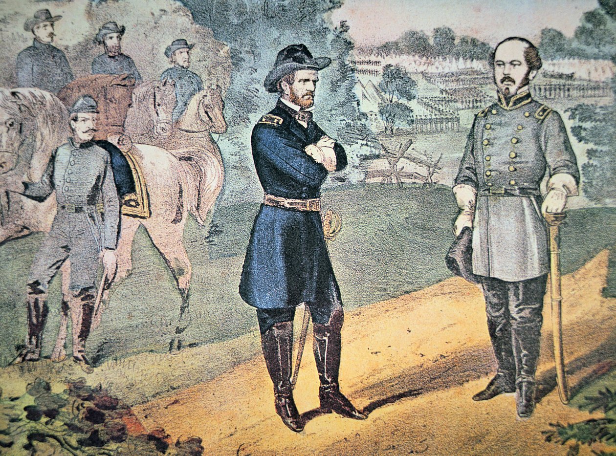 Generalerne Sherman og Johnson mødes for at arrangere overgivelsen af konfødererede styrker i North Carolina i 1865 (farve litho) af American School