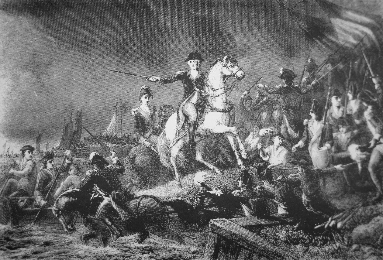 George Washington leder tilbagetoget fra Brooklyn Heights, 29. august 1776 (litho) af American School
