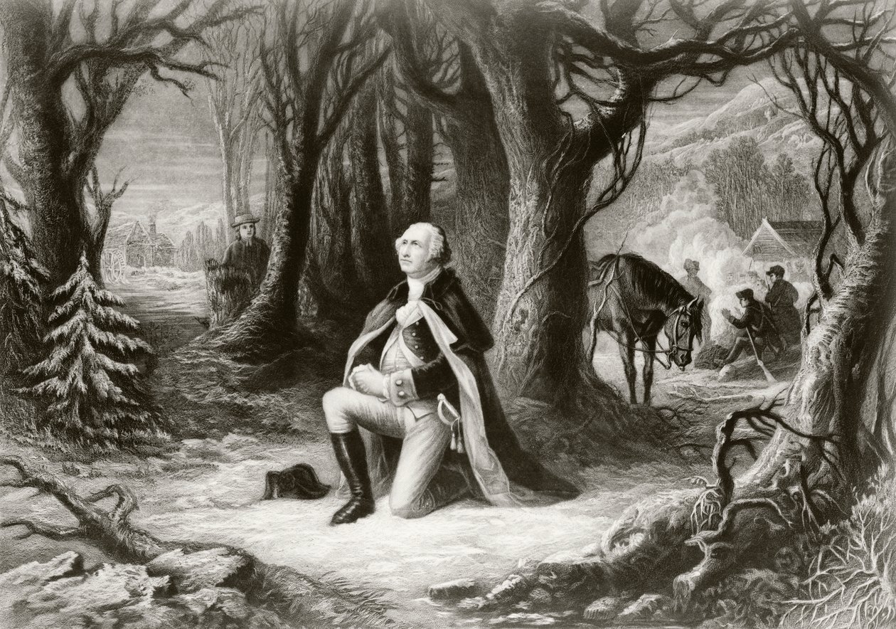 George Washington beder ved den amerikanske uafhængighedskrigs lejr i Valley Forge i vinteren 1777-78 efter et maleri af Henry Brueckner af American School