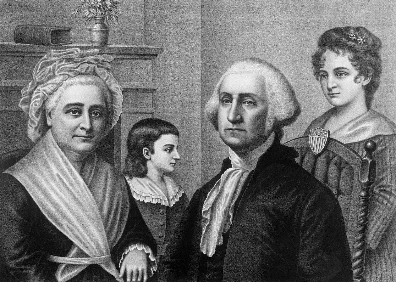 George Washington med sin kone Martha Washington og hans børn i Mount Vernon. Indgravering omkring 1880. af American School