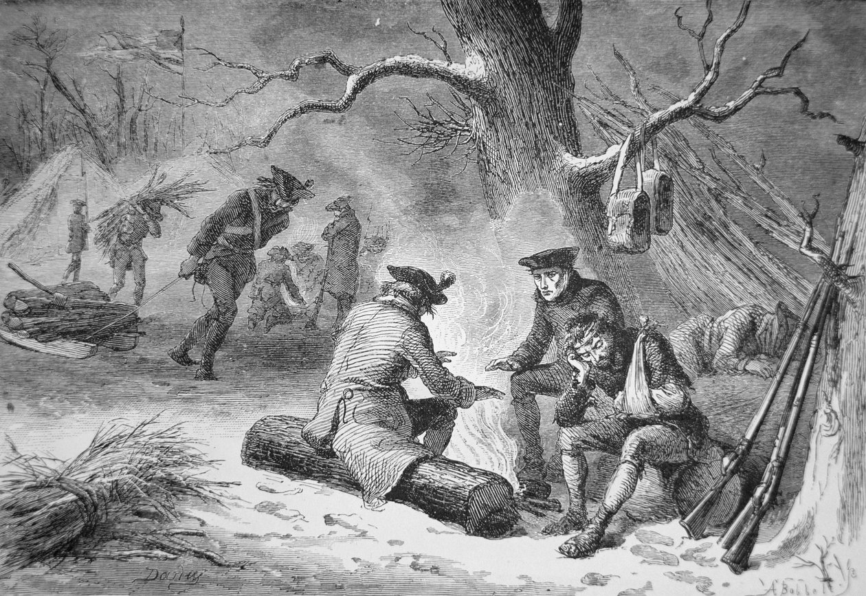 George Washingtons soldater ved Valley Forge, vinter 1777-78 (litho) af American School
