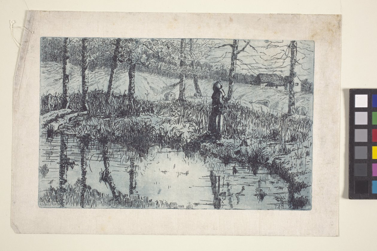 Girl By Pond (ætsning og pladetone trykt i blåt) af American School