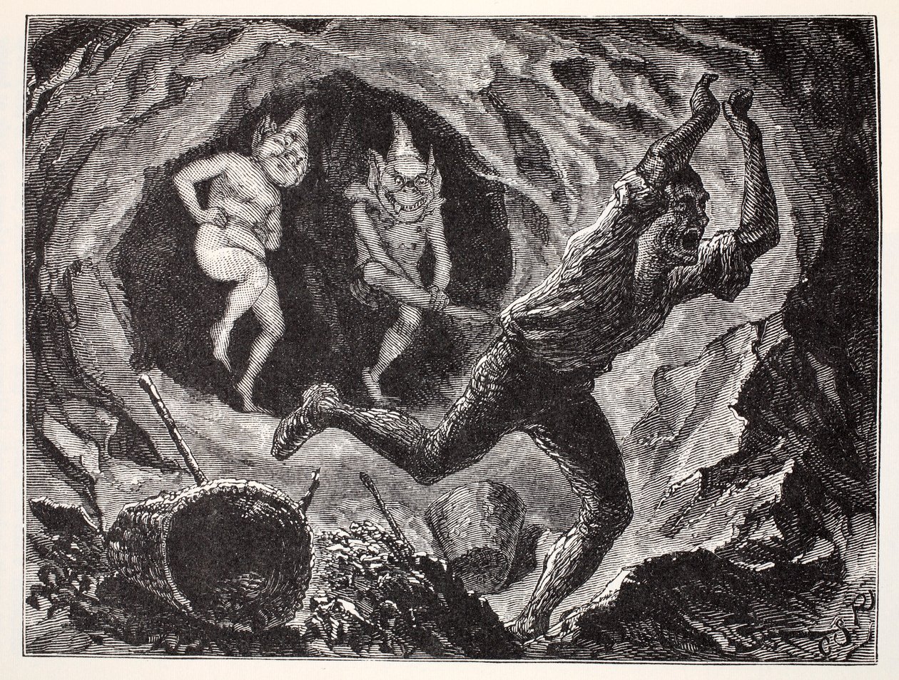Gnomes Terrifying a Miner, fra The World Guide to Gnomes, Fairies, Elves and Other Little People af Thomas Keightley (1789-1872) Udgivet 1880 af American School
