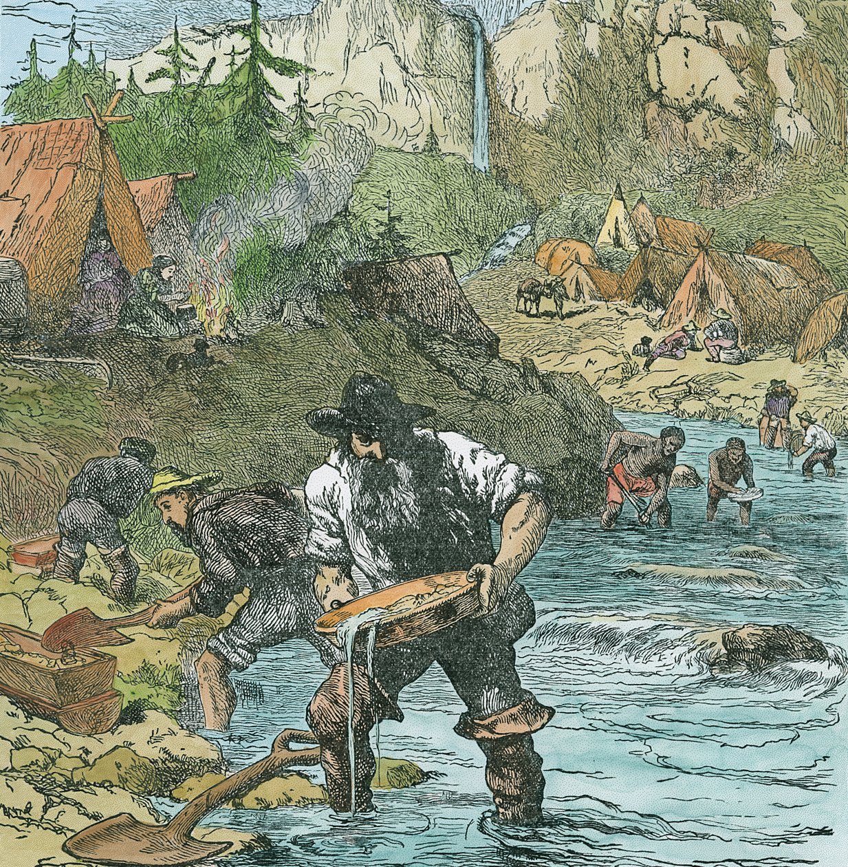 Guldvask i Californien, fra en bogpub. 1896 (håndfarvet gravering) af American School