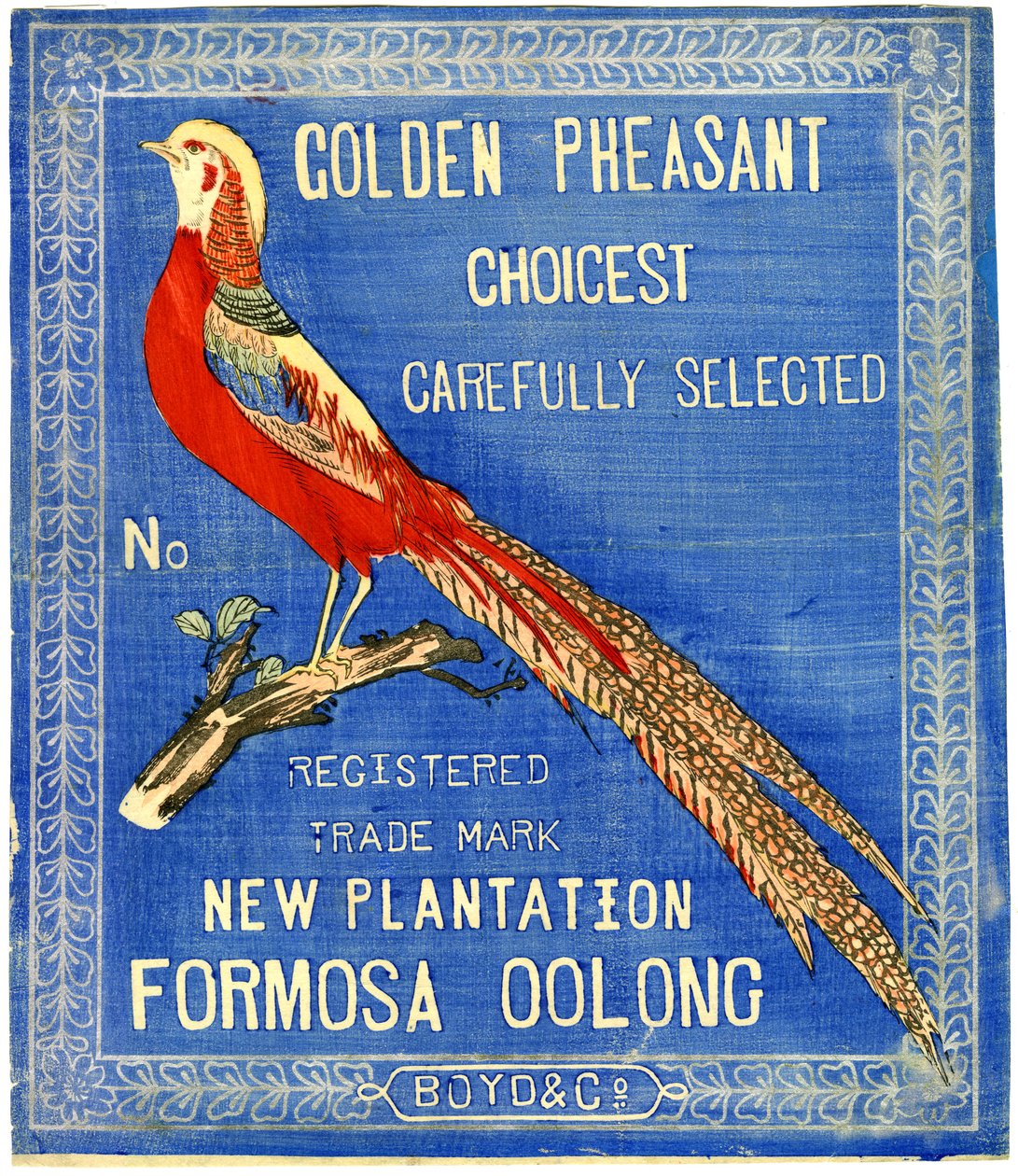 Golden Fasan Choicest Carefully Select, nr. Registreret varemærke New Plantation Formosa Oolong (blokprint (farvet blæk på papir med bagside)) af American School