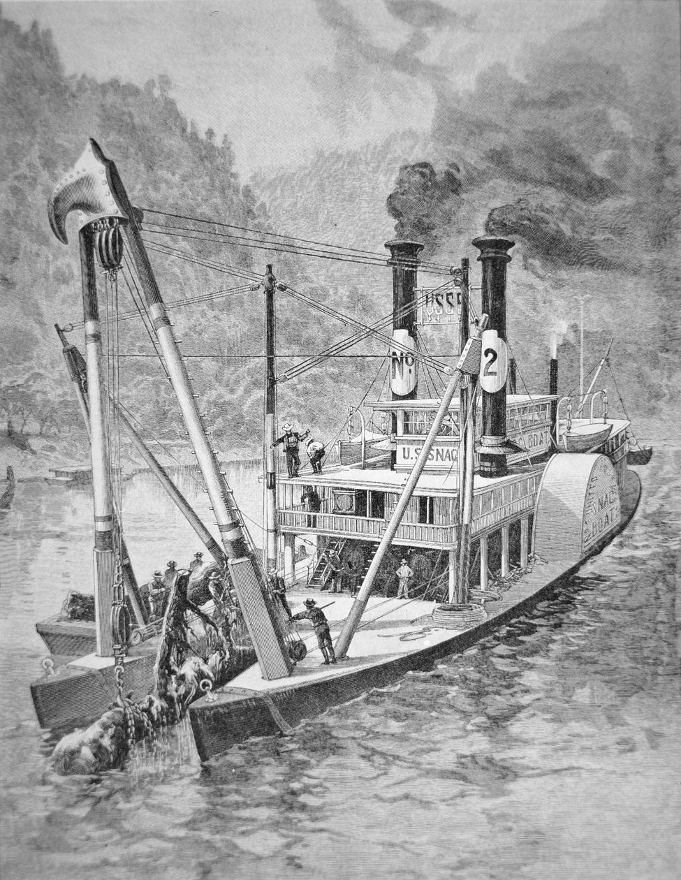Regeringens snagboat, der fjerner træstammer eller træstammer fra Mississippi, ca. 1870 (gravering) af American School