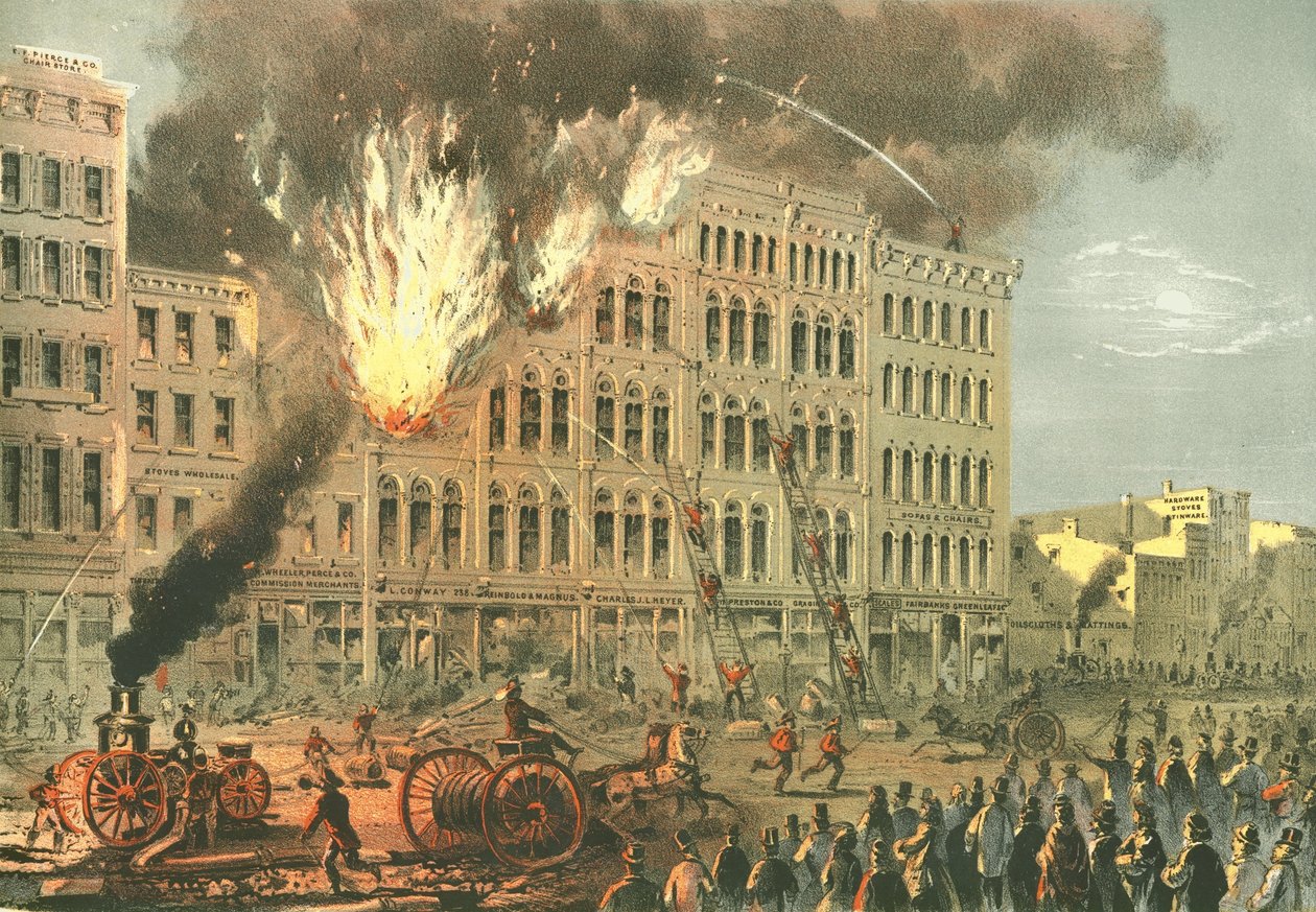 Great Fire on Lake Street, fra Chicago Illustrated, med litterære beskrivelser af James W. Sheahan, udgivet af Jevne & Almini, Chicago, 1866-67 af American School