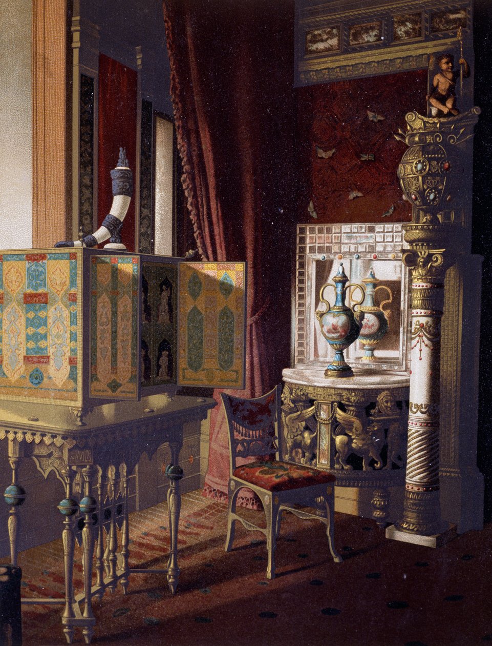 Great Hall, Van der Bilt Hotel i New York, Soveværelse, Ca 1840, Farvegravering af American School