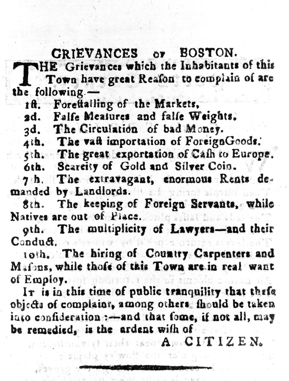 Grievances of Boston, brev offentliggjort i Boston Gazette, 4. april, 1786 (tryk) af American School