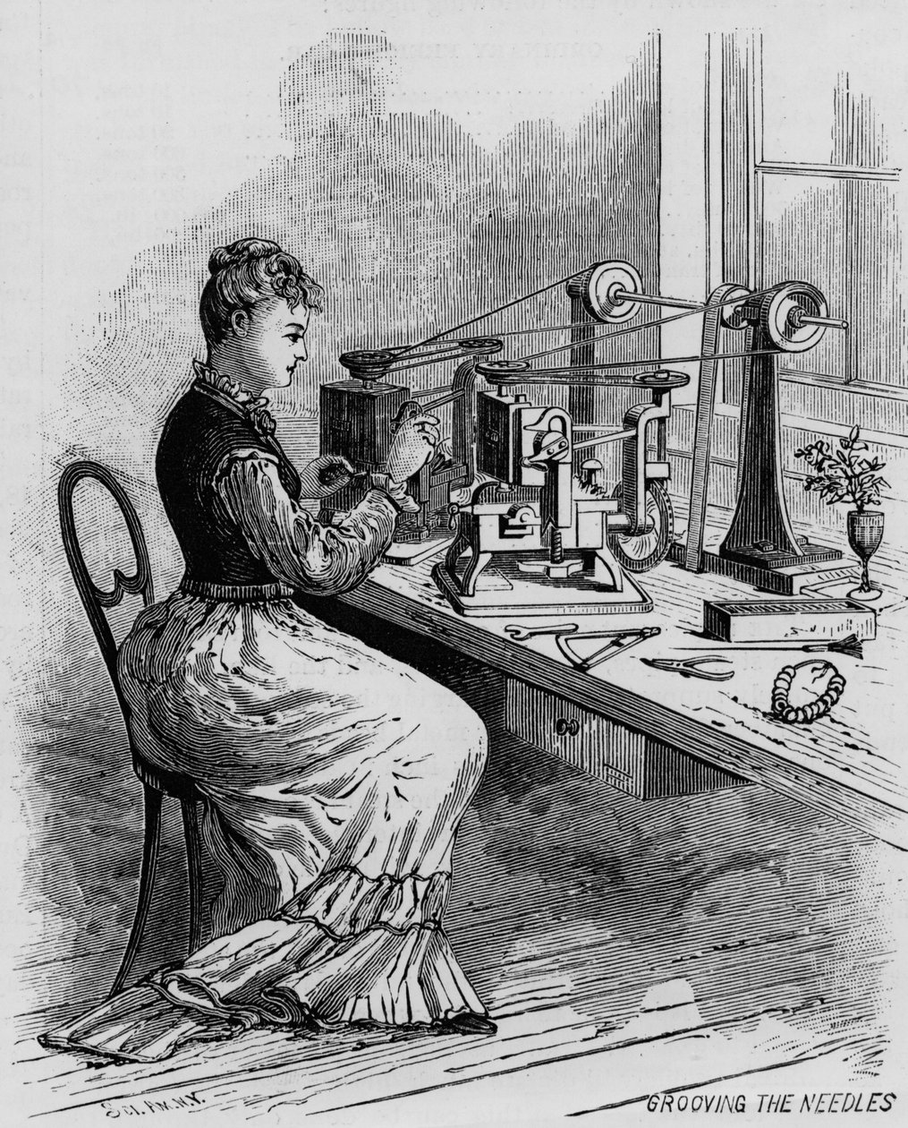 Grooving the Needles, illustration, der viser fremstilling af symaskiner fra magasinet Scientific American, 1879 af American School