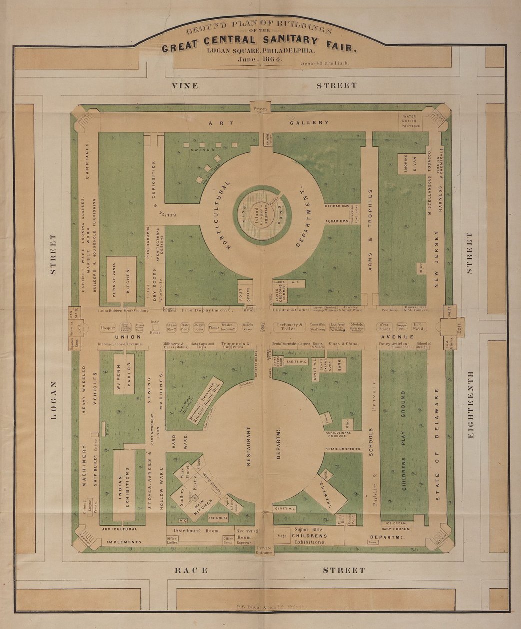 Grundplan over bygningerne til Great Central Sanitary Fair, Logan Square, juni 1864 (farvelitografi) af American School