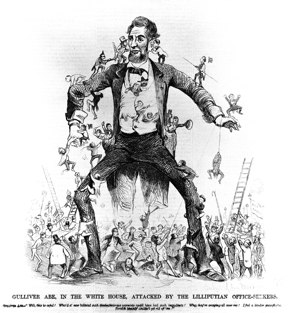 Gulliver Abe, i Det Hvide Hus, angrebet af Lilliputian Office-Seekers, fra Frank Leslies Budget of Fun, 15. marts, 1861 af American School