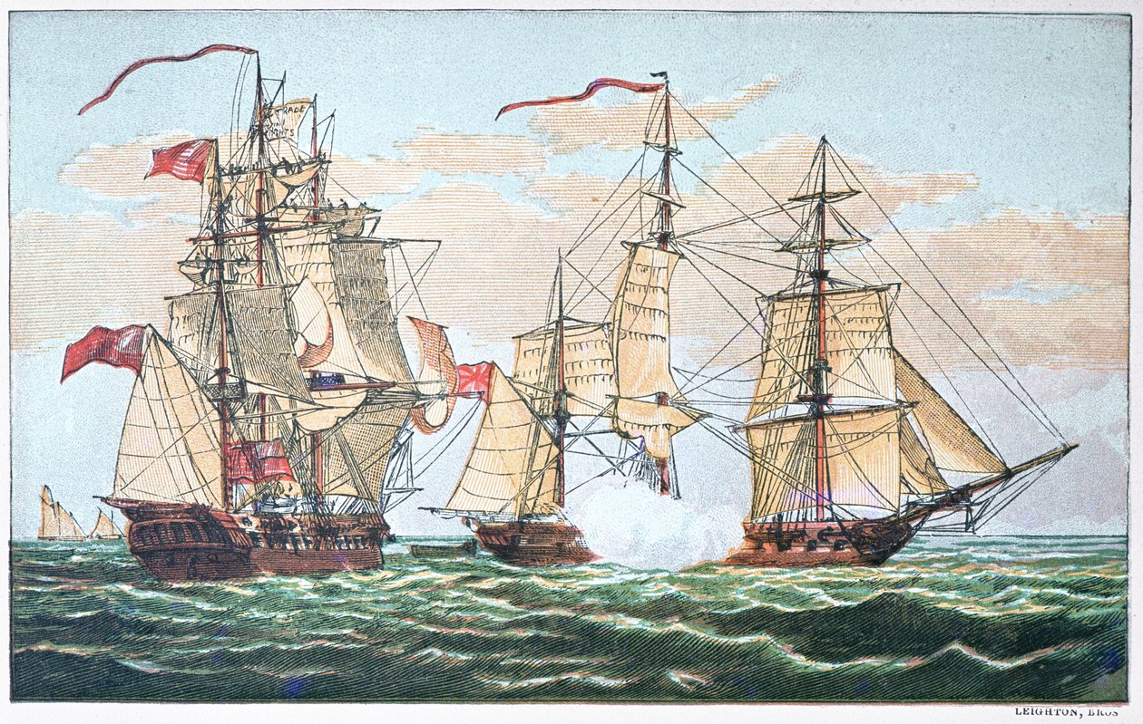 HMS Shannon vs den amerikanske Chesapeake i 1813 under krigen i 1812 (farve litho) af American School
