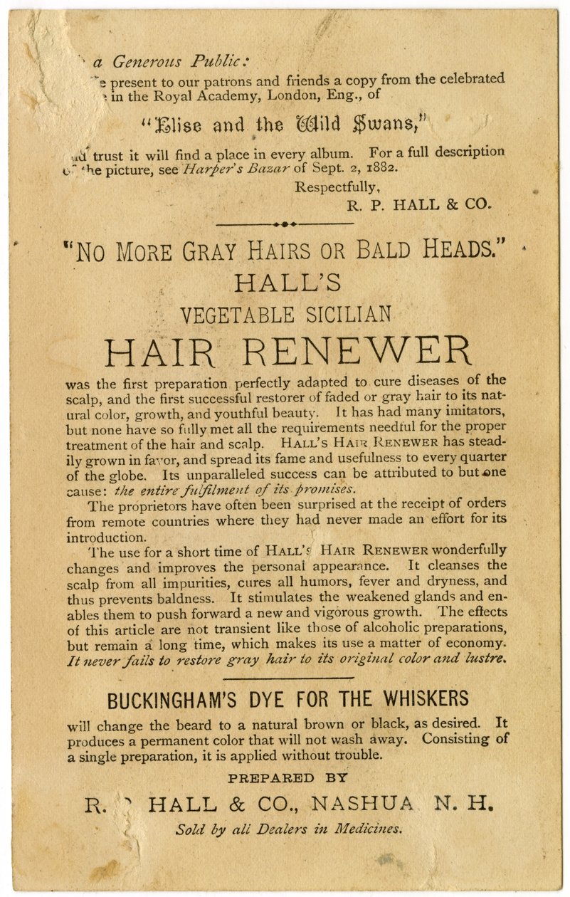 Halls Vegetable Sicilian Hair Renewer, genopretter gråt hår til sin oprindelige farve og forhindrer skaldethed. Verso, (litografi [varekort]) af American School