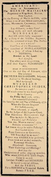 Handbill kommenterer frifindelsen af kaptajn Preston og seks soldater efter deres retssag i oktober 1771 (litho) af American School