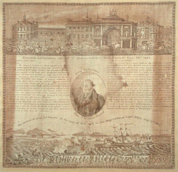 Lommetørklæde til minde om general Lafayettes (1757-1834) ankomst i 1824 (bomuld) af American School