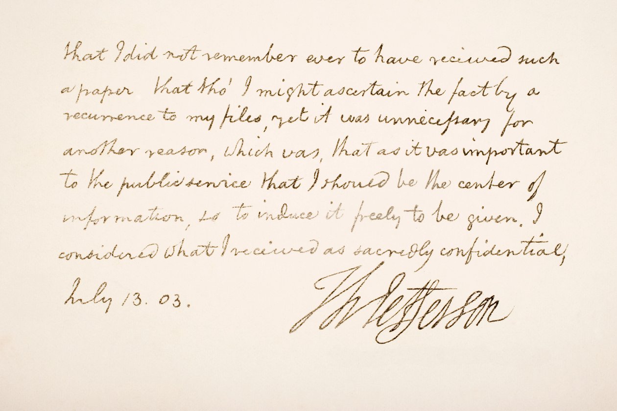 Håndskrift og underskrift af Thomas Jefferson, 1803 af American School