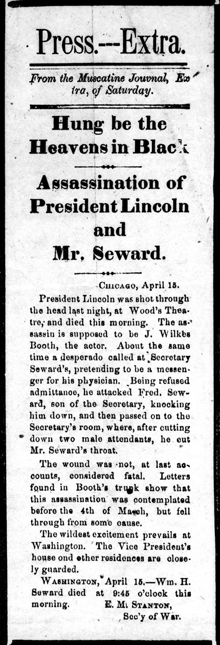 Overskrift, der annoncerer mordet på Abraham Lincoln (1809-65) og forsøg på attentat på William Seward (1801-72) fra Press Extra, 15. april, 1865 (tryk) af American School