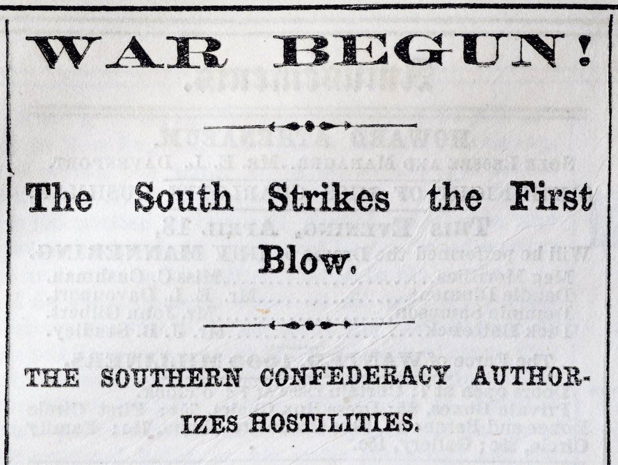 Overskrift fra Boston Evening Transcript, der annoncerer begyndelsen af borgerkrigen, 13. april, 1861 (avispapir) af American School