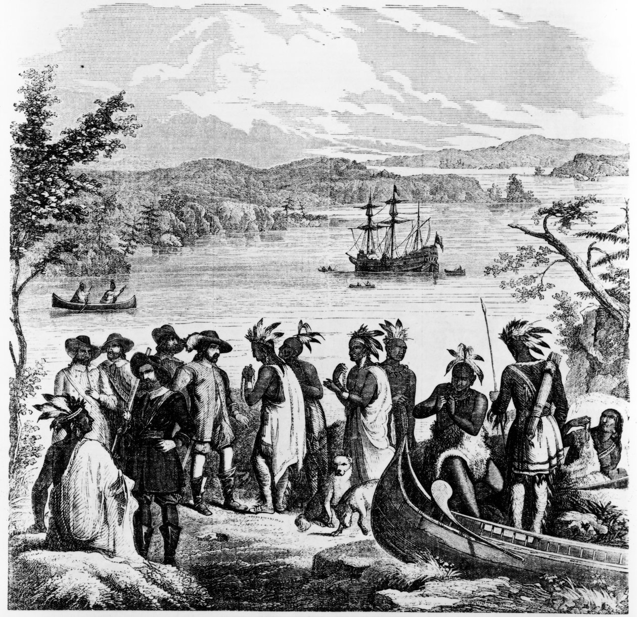 Henry Hudson på vej ned ad Hudson-floden, illustration fra Ballou