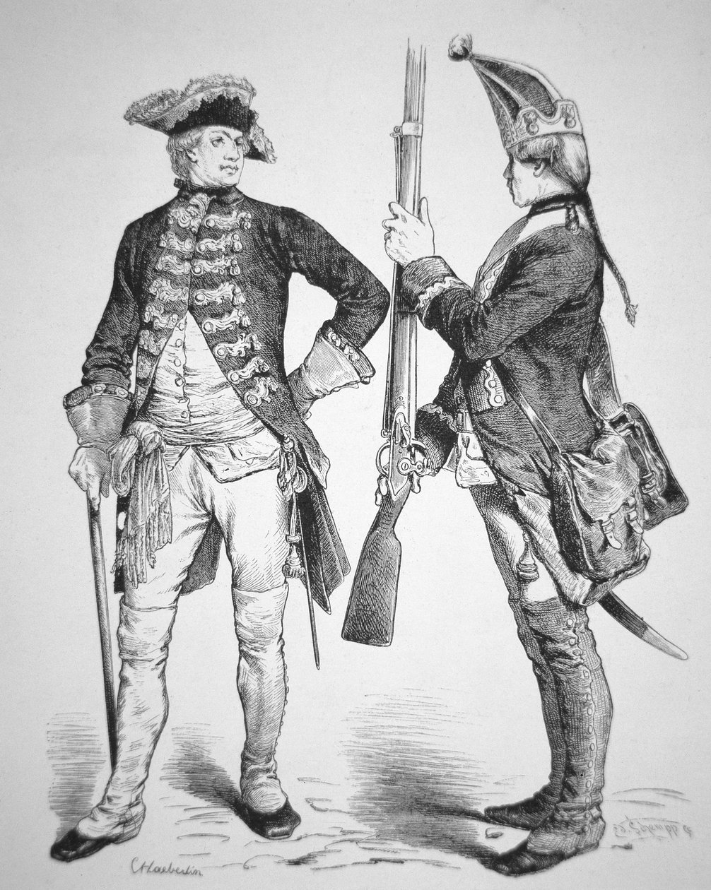 Hessiske soldater fra 1770 i deres uniformer fra den amerikanske uafhængighedskrig (gravering) af American School