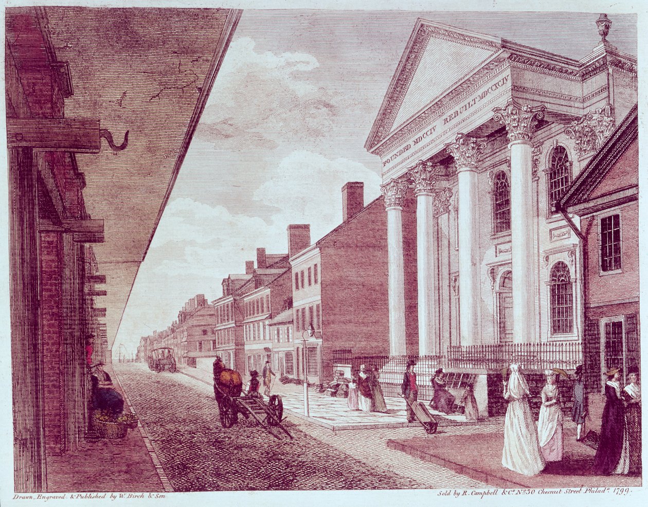 Hovedgade med den første presbyterianske kirke, Philadelphia, 1799 af American School