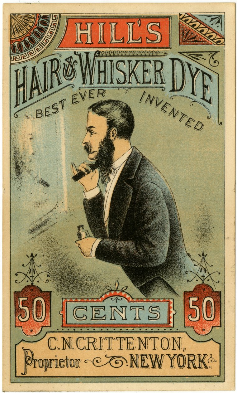 Hills Hair & Whisker Dye, bedst nogensinde opfundet, C.N. Crittenton, indehaver, New York. Handelskort, recto. (farve litho [varekort]) af American School