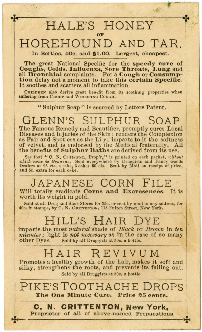Hills Hair & Whisker Dye, bedst nogensinde opfundet, C.N. Crittenton, Proprietor, New York, Trade card, verso (litho [handelskort]) af American School