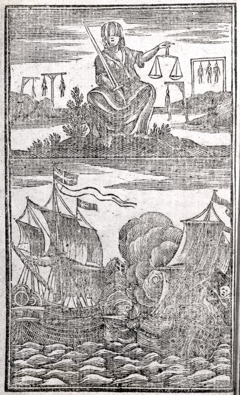 Historie og liv for alle de mest berygtede pirater og deres besætninger, frontispice, London, 1725 af American School