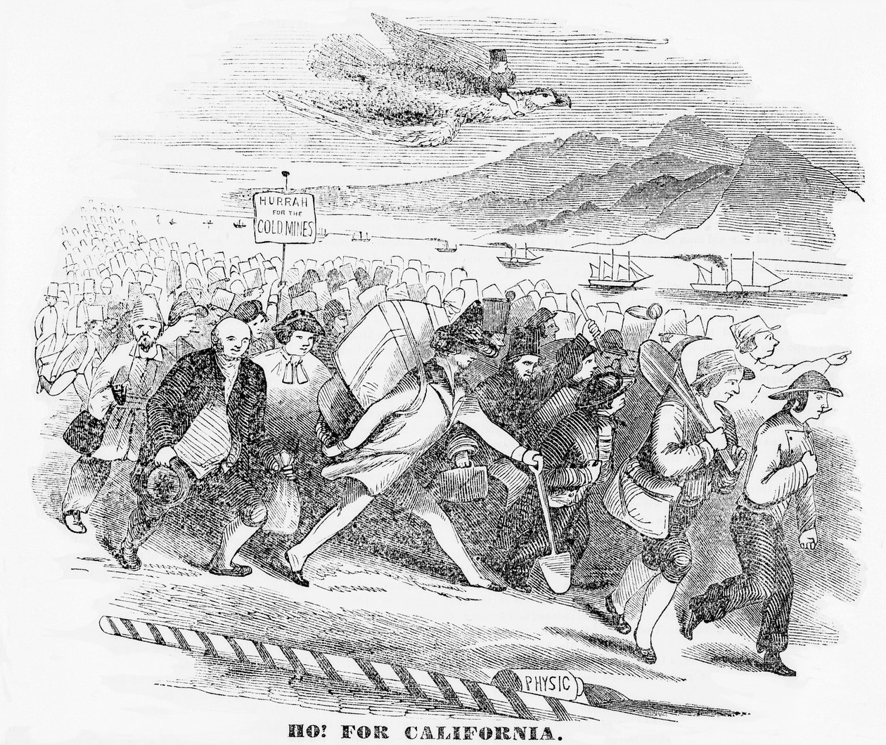 Hej! for Californien, illustration fra New York Atlas, 14. januar, 1849 af American School