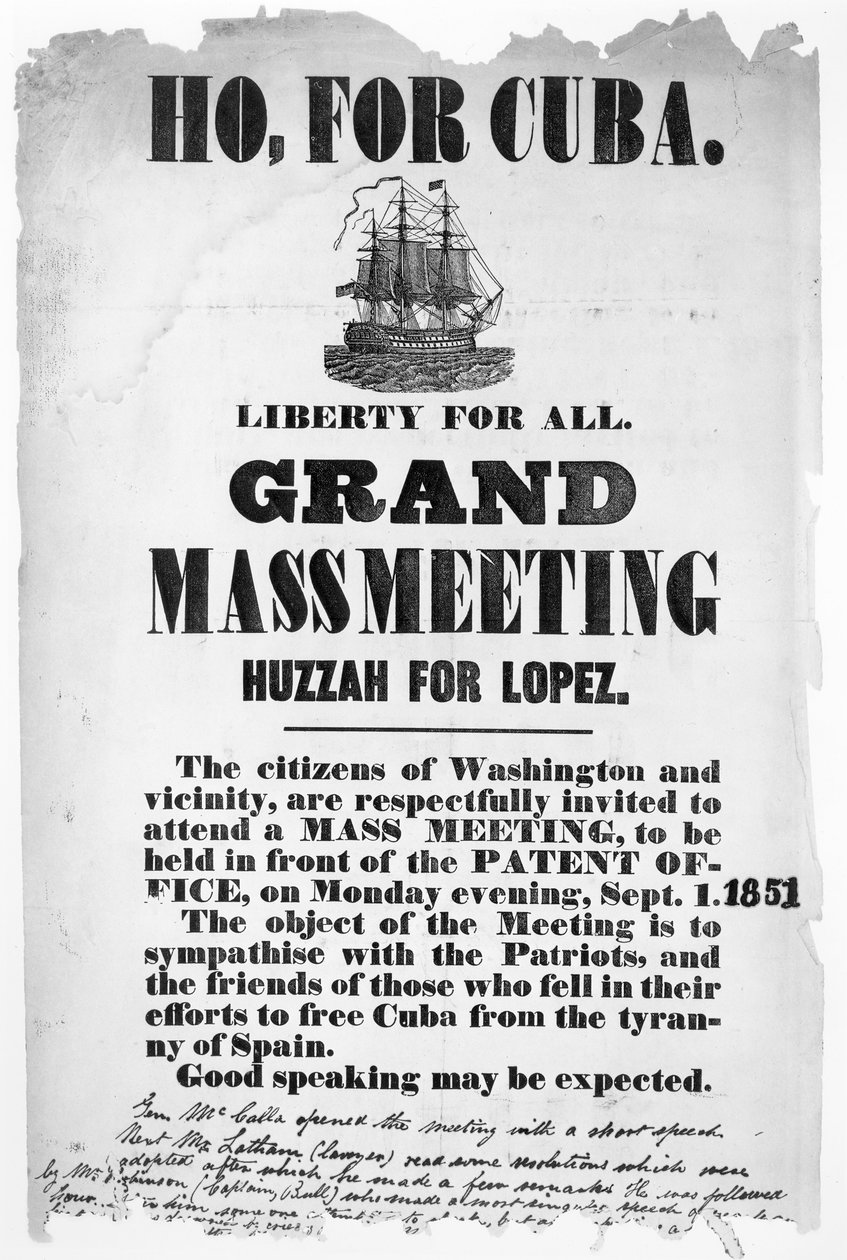 Ho, for Cuba, plakat, der reklamerer for et møde for at sympatisere med dem, der faldt i deres bestræbelser på at befri Cuba fra Spaniens tyranni, 1. september 1851 af American School