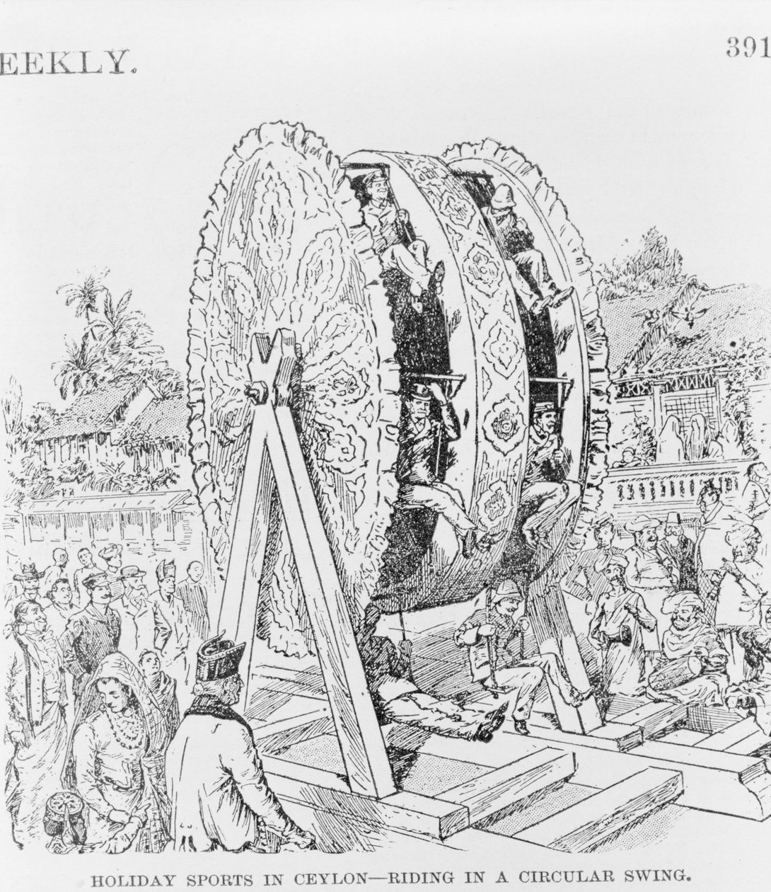 Feriesport i Ceylon, ridning i et cirkulært hjul, ca. 1893 (illustration) af American School