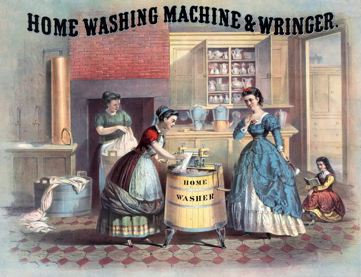 Hjemmevaskemaskine og vridemaskine, ca. 1869 af American School