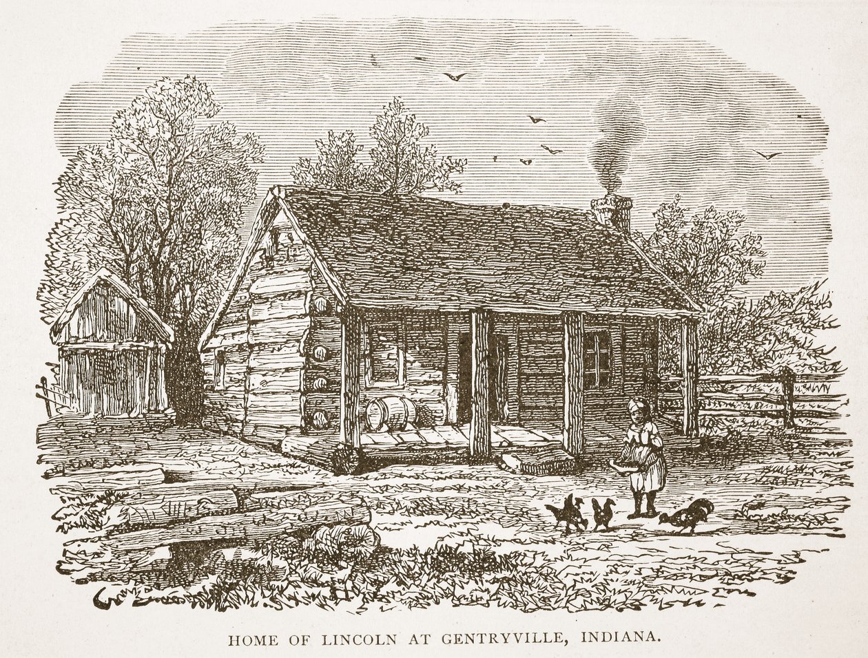 Lincolns hjem i Gentryville, Indiana, fra en bogpub. 1896 af American School