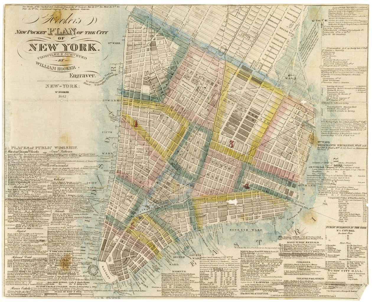 Hookers nye lommeplan over byen New York, kompileret og undersøgt af William Hooker, 1842 af American School