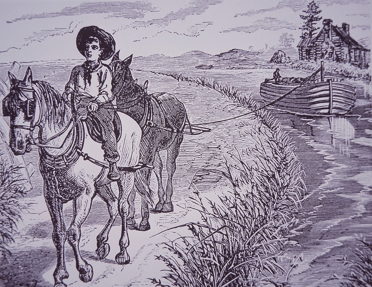 Heste trækker kanalbåd på slæbesti, Erie Canal (gravering) af American School