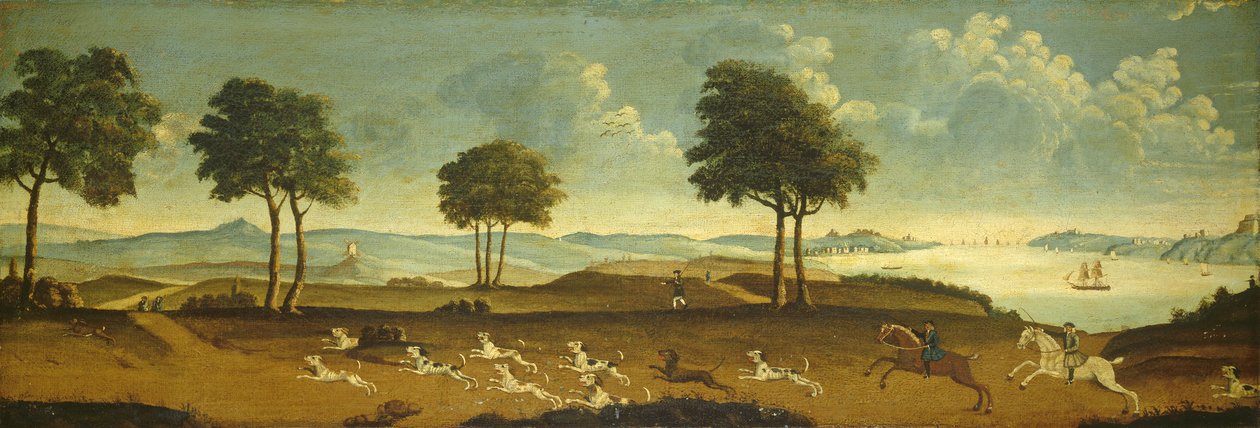 Jagtscene med havn, 1700-tallet af American School