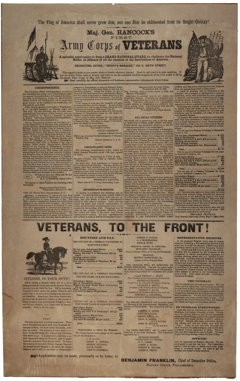 Illustreret rekrutteringsplakat i Philadelphia til generalmajor Hancocks First Army Corps of Veterans, herunder unionsmand og -kvinde., februar 1865 af American School