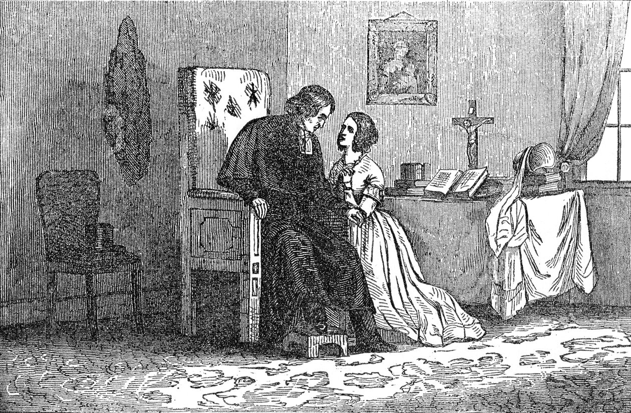 Illustration fra en anti-katolsk pjece, der viser en ung kvinde, der bliver forført af en præst af American School