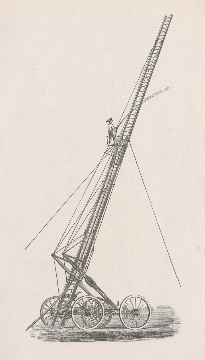 Illustration af slangeelevator og lastbil nr. 1. fra rapporten fra politistyrelsen i brandvæsenet til Chicagos fællesråd, s. 70., 1872 (træstik) af American School