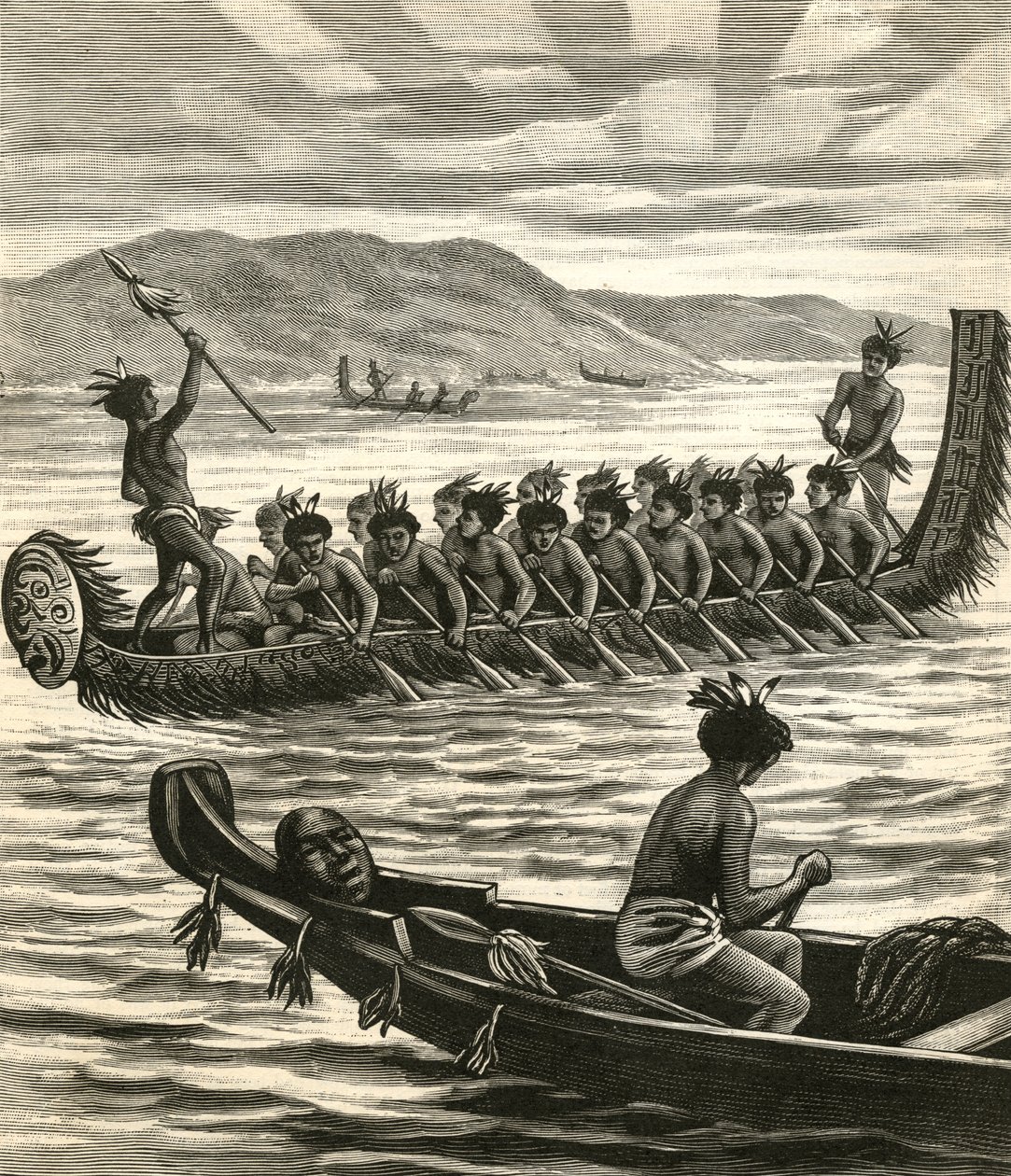 Illustration af maori-krigere i kanoer af American School