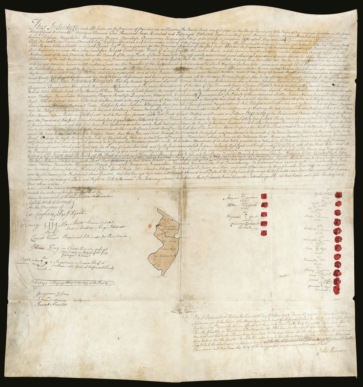 Indianertraktat, Easton Conference, Pennsylvania, 23. oktober 1758 (pen og blæk med voks på pergament) af American School