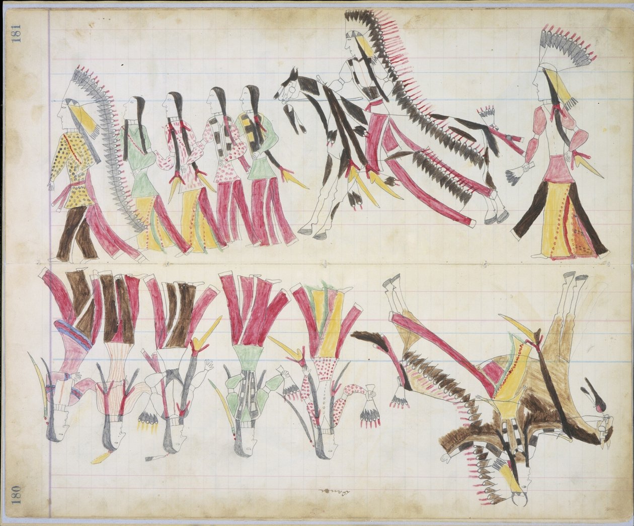 Indisk dans, illustration fra Black Horse Ledger, 1877-79 (blyant og farveblyant på papir) af American School