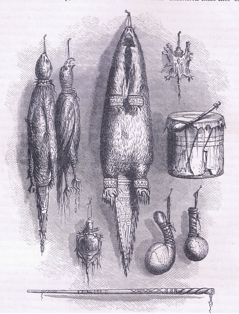 Indisk medicintaske, mystisk fløjte, kampe og tromme 1661, illustration fra Cassell