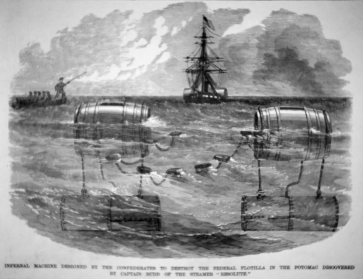 Infernal Machine designet af de konfødererede til at ødelægge Federal Flotilla i Potomac (gravering) af American School